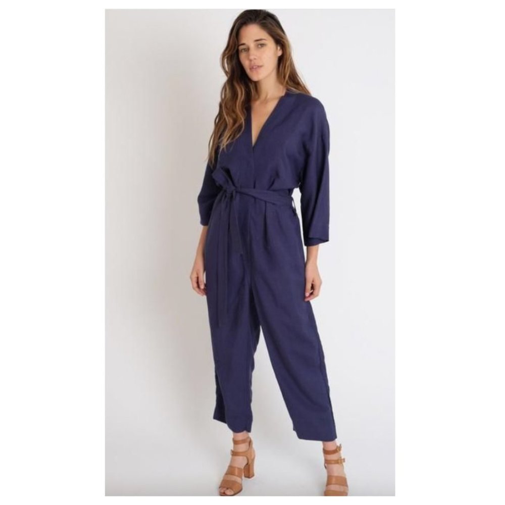JESSE KAMM navy blue linen blend kimono jumpsuit